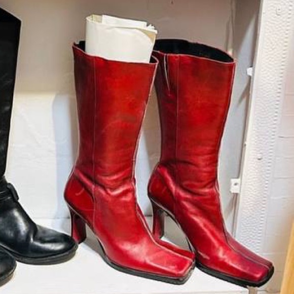 Vintage Shoes - Red Leather Heel Boots Square Toe Knee High 8 Vintage 90s Y2K Aldo